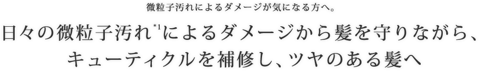 微粒子汚れによるダメージが気になる方へ。日々の微粒子汚れ*1によるダメージから髪を守りながら、キューティクルを補修し、ツヤのある髪へ